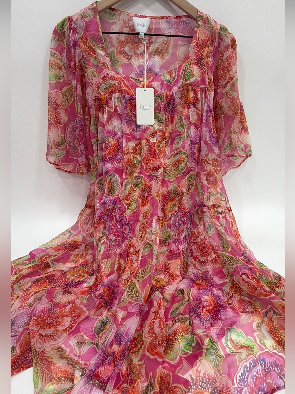 NWT Johnny Was Chic Bohemian Luxury Jade Silk Floral Sheer Overlay Mini Dress
